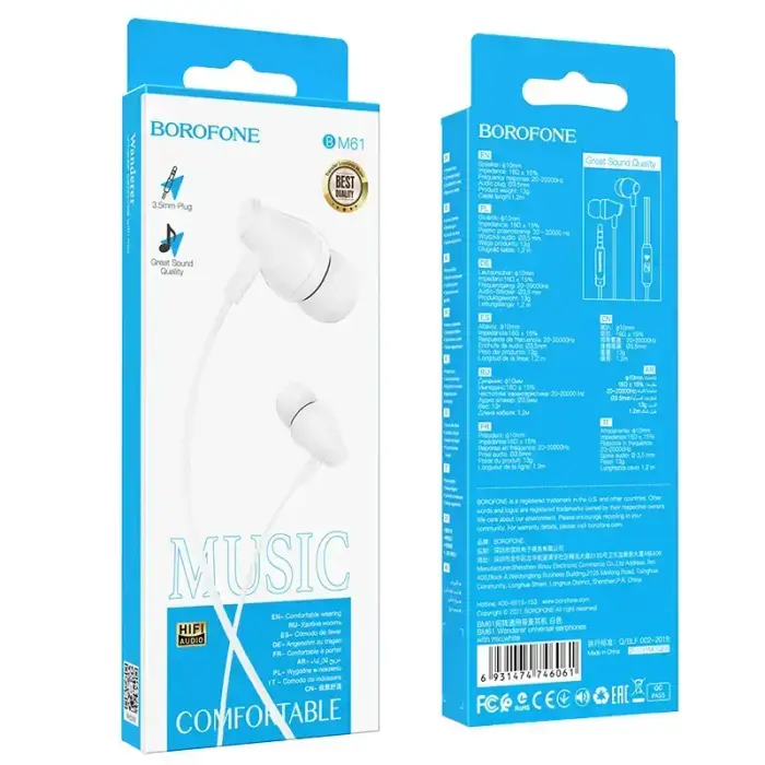 Borofone Earphones BM61 Wanderer with microphone white Фото num