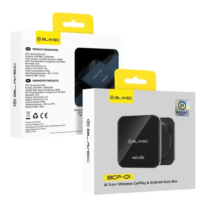 Blavec Adapter Carplay Android Auto bezprzewodowy BCP-01 - Bluetooth Wifi + kable USB na Typ C i Typ C na Typ C (CPAABCP01-BWB) czarny Фото num