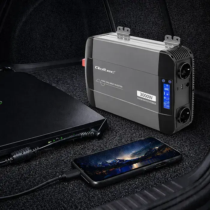 Qoltec Pure Sine Wave Inverter | 12V to 230V | 1500/3000W | LCD | USB | USC-C | Compatible with LiFePO4 GEL AGM  Foto 7