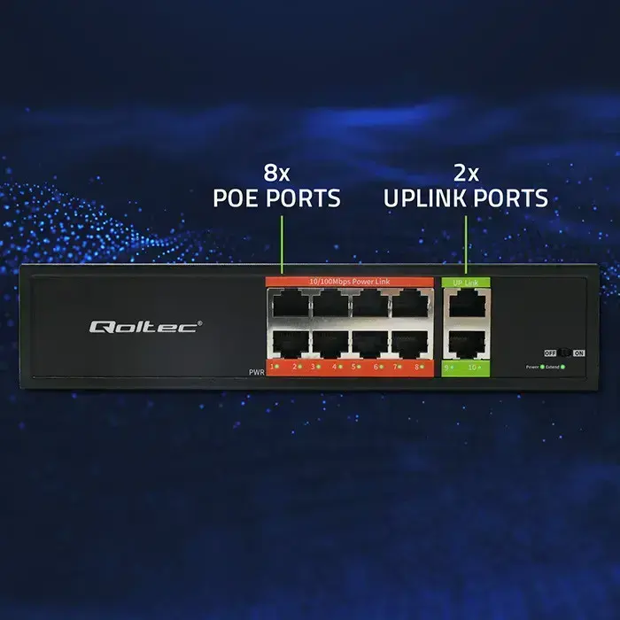 Qoltec FAST Ethernet PoE SWITCH | 8x RJ45 PoE | 2x RJ45 Uplink | 120W | 10/100 Mb/s Photo