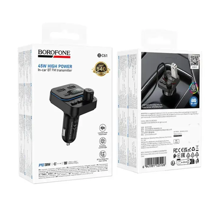 Borofone Transmitter FM BC61 Ocean MP3, Bluetooth - 2xUSB + Type C - PD 45W black Photo