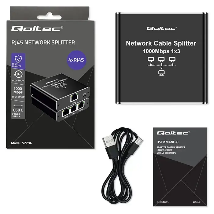 Qoltec Splitter Ethernet mini SWITCH 1x3 RJ45 | 1000Mb/s | USB-C | Aluminium Photo