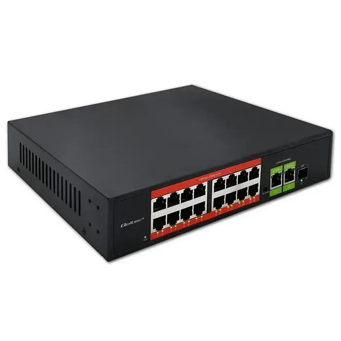 Qoltec Fast Ethernet PoE SWITCH | 16x RJ45 10/100 Mb/s |  2x RJ45 Uplink 1000 Mb/s | 1x SFP 1000 Mb/s Photo