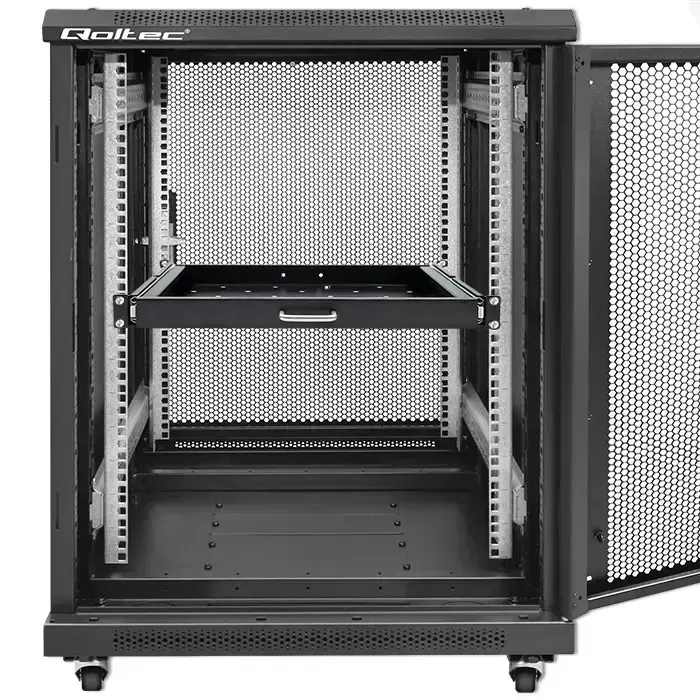 Qoltec Solid steel mount shelf with handle for RACK | 600*600 | Pull-out | Black Photo