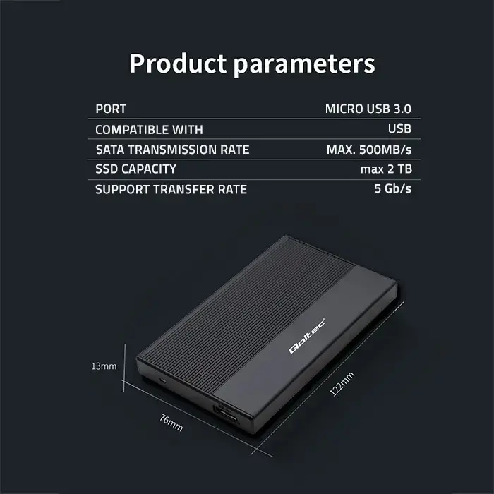 Qoltec Aluminium Enclosure | SSD HDD 2.5'' drive | SATA | USB 3.0 | Super speed 5Gb/s | 2TB | Black Фото num