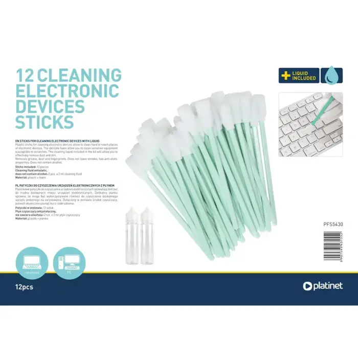 Platinet PFS5430 Cleaning sticks for devices | 12pcs | Non Alcoholic liquid 2x2ml Photo