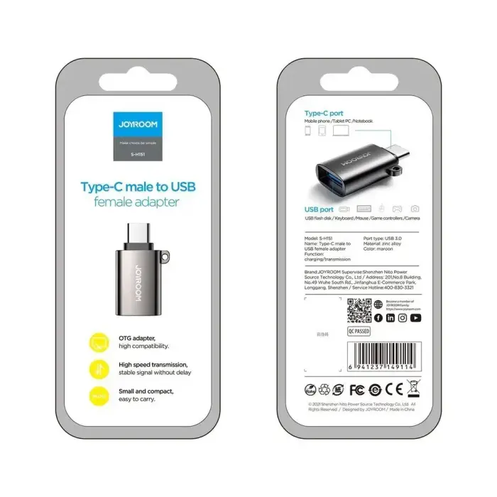 Joyroom USB 3.2 Gen 1 (Male) - USB Type C (Female) adapter black (S-H151 Black) Фото num