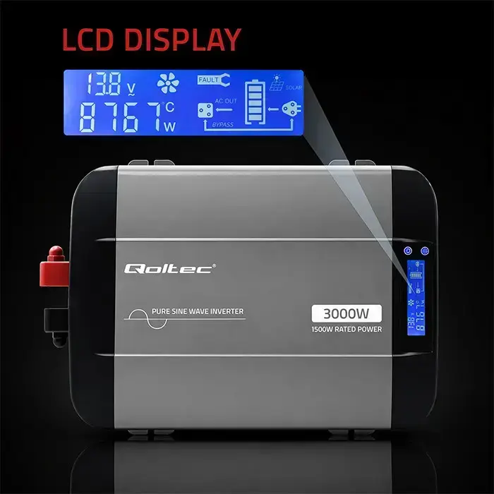 Qoltec Pure Sine Wave Inverter | 12V to 230V | 1500/3000W | LCD | USB | USC-C | Compatible with LiFePO4 GEL AGM  Foto 4