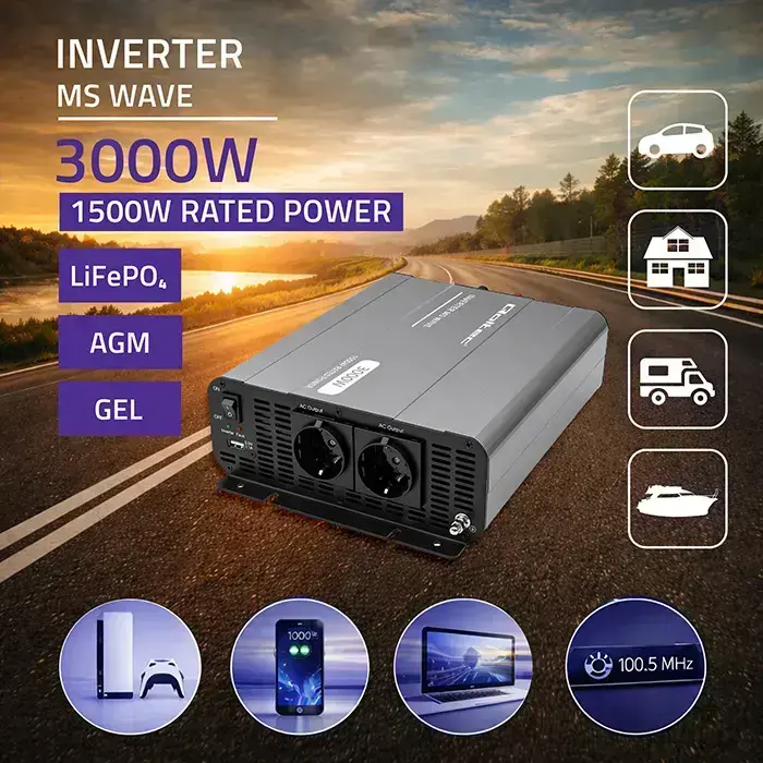 Qoltec MS Wave Voltage Converter | 12V to 230V | 1500/3000W | USB | Compatible with LiFePO4, GEL and AGM batteries Foto 2