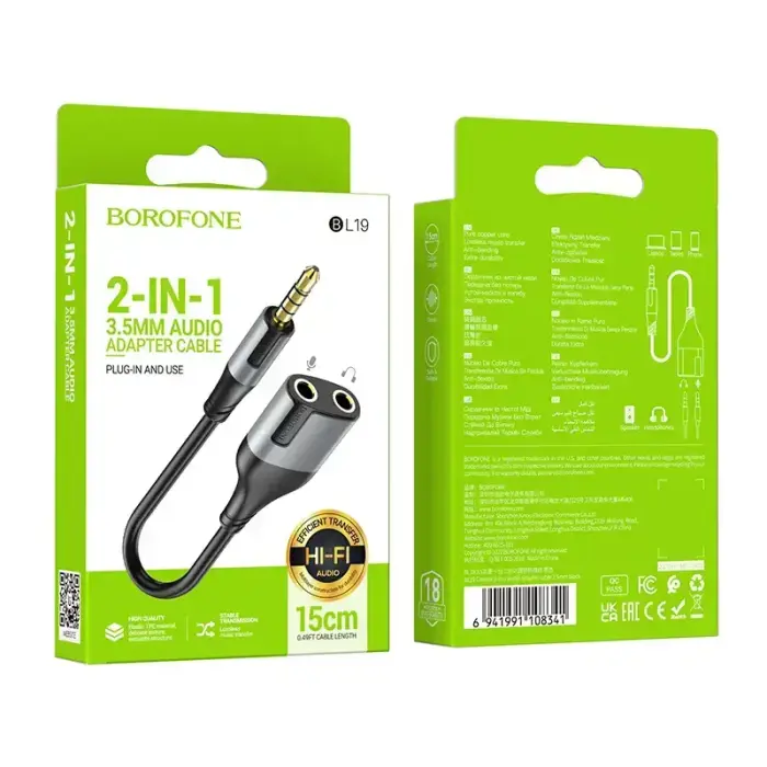 Borofone Cable BL19 Creator 2 in 1 - jack 3,5mm male to 2xjack 3,5mm female - 15 cm black Photo