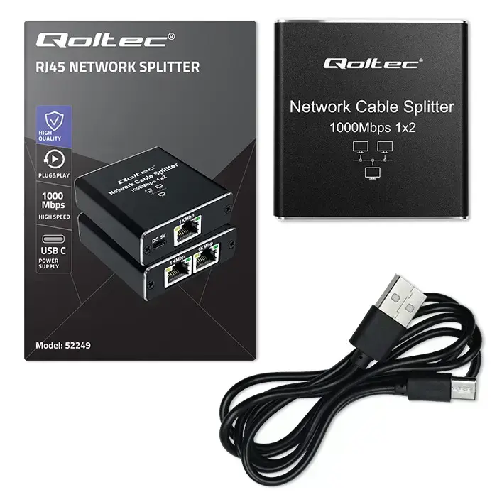 Qoltec Splitter mini SWITCH 1x2 port RJ45 | 1000Mbps | USB-C | Aluminium Photo
