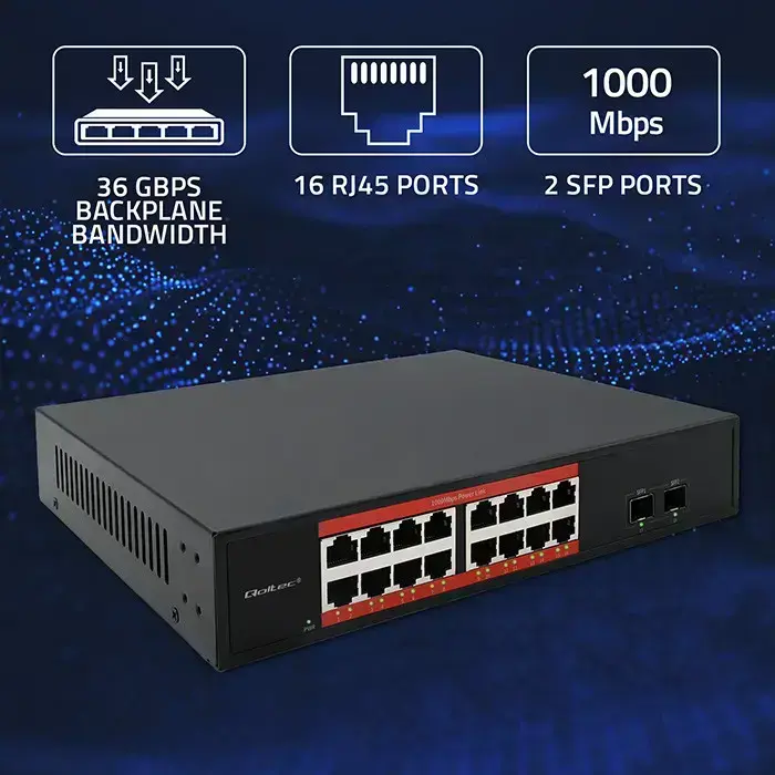 Qoltec Gigabit Ethernet SWITCH | 16x RJ45 | 2x SFP | 1000 Mb/s Photo