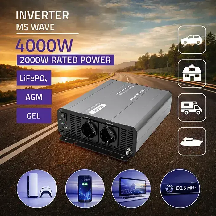 Qoltec MS Wave Voltage Converter | 12V to 230V | 2000/4000W | USB | Compatible with LiFePO4, GEL and AGM batteries Foto 2