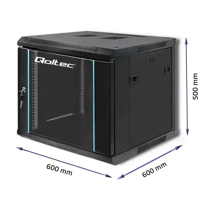 Qoltec RACK Cabinet 19" | 9U | 600 x 500 x 600 | Tempered doors | Hanging | Steel case | Lock | Black Foto 3
