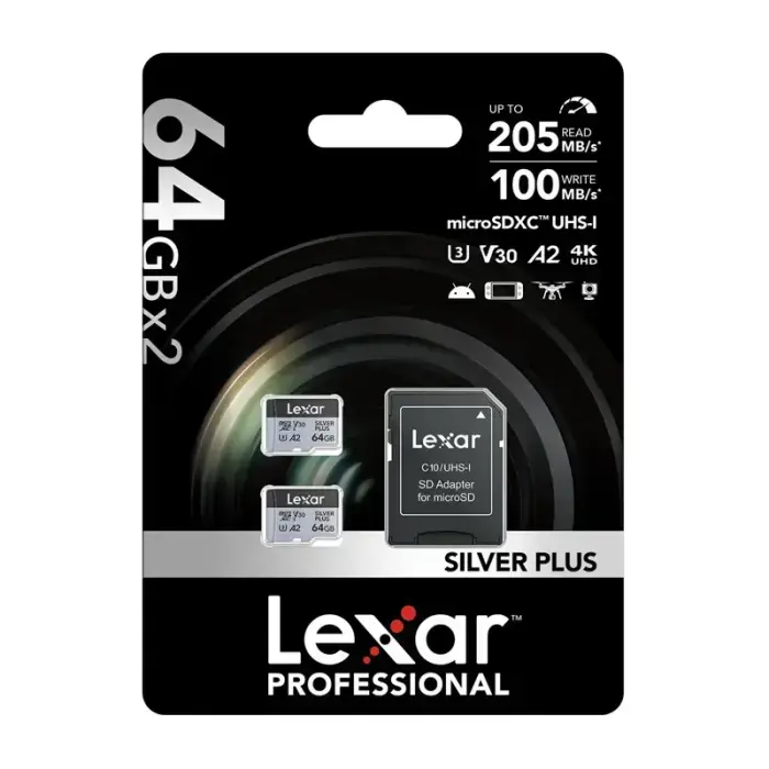 Set of 2 Lexar High-Performance Silver Plus microSDXC 2x64GB memory cards + adapter Фото num