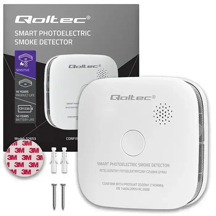 Qoltec Certified Wireless Smoke Detector with Battery | Sensor life: 10 years | Battery life: 10 years | Alarm: 85dB | LED Фото num