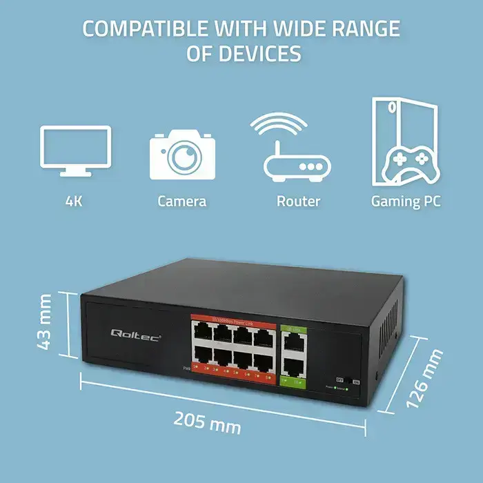 Qoltec FAST Ethernet PoE SWITCH | 8x RJ45 PoE | 2x RJ45 Uplink | 120W | 10/100 Mb/s Photo