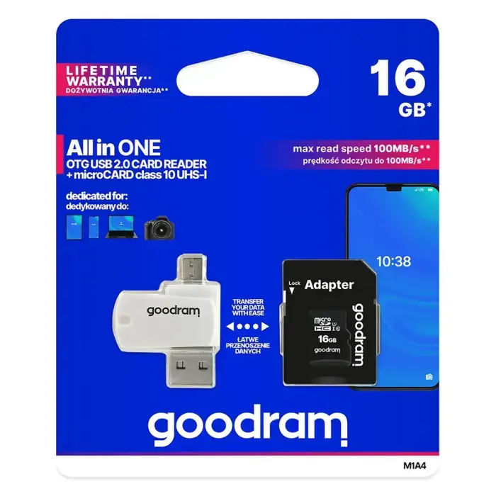 GOODRAM Memory MicroSD Card All in one - 16GB with adapter UHS I CLASS 10 100MB/s + reader Photo