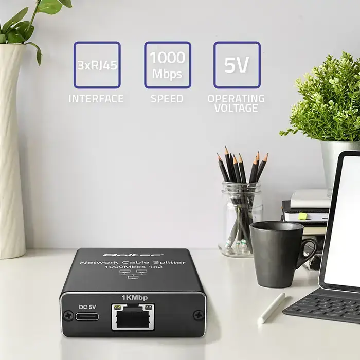 Qoltec Splitter mini SWITCH 1x2 port RJ45 | 1000Mbps | USB-C | Aluminium Photo