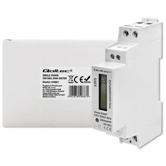 Qoltec Single-phase electronic energy meter | DIN rail | 230V | LCD | 1P | Slim Фото num
