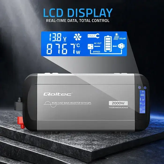 Qoltec Pure Sine Wave Inverter with UPS | 12V to 230V | 1000/2000W | LCD | USB | USB-C | Compatible with LiFePO4 GEL AGM  Foto 4