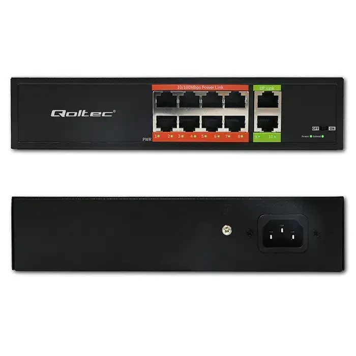 Qoltec FAST Ethernet PoE SWITCH | 8x RJ45 PoE | 2x RJ45 Uplink | 120W | 10/100 Mb/s Photo