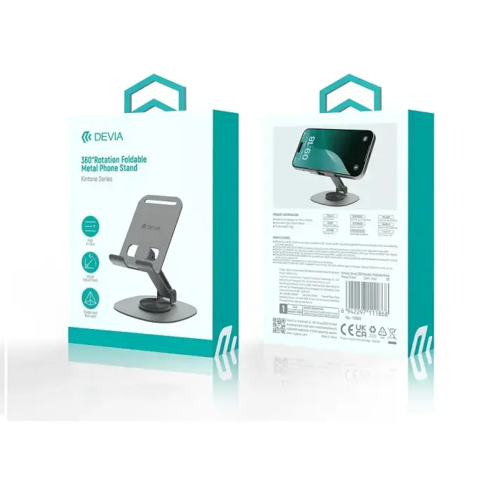 Devia folding holder stand EL243 for phone tablet rotating 360 gray metal Foto 3