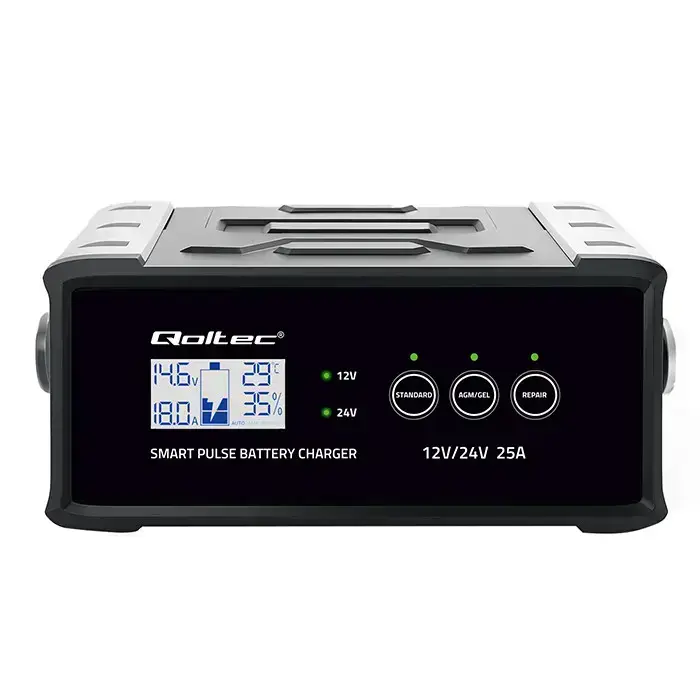 Qoltec Intelligent microprocessor charger 12V 24V 25A | Rectifier with repair function for AGM GEL SLA battery | LCD Фото num