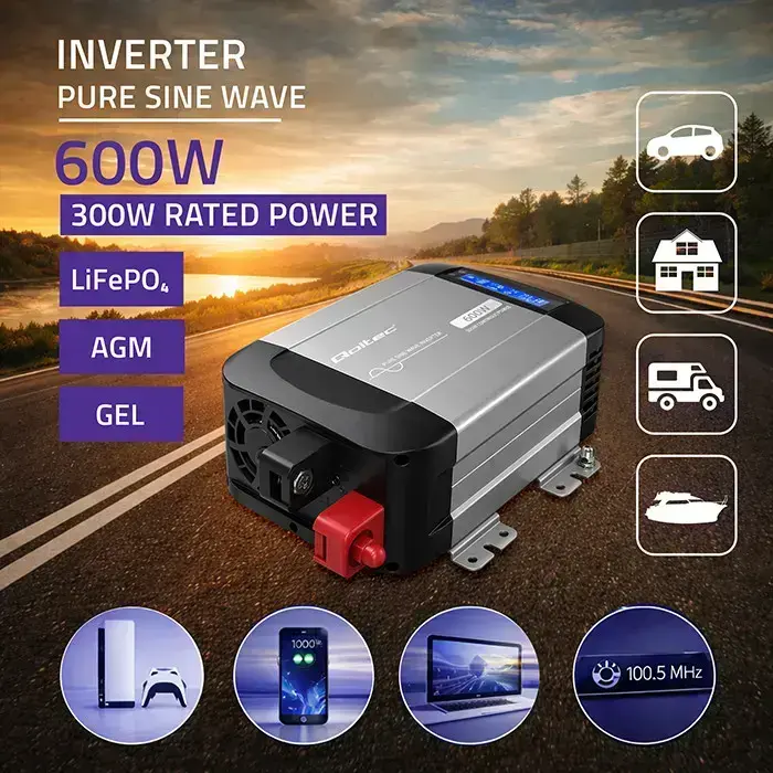 Qoltec Pure Sine Wave Inverter | 12V to 230V | 300/600W | LCD | USB | USC-C | Compatible with LiFePO4 GEL AGM  Foto 2