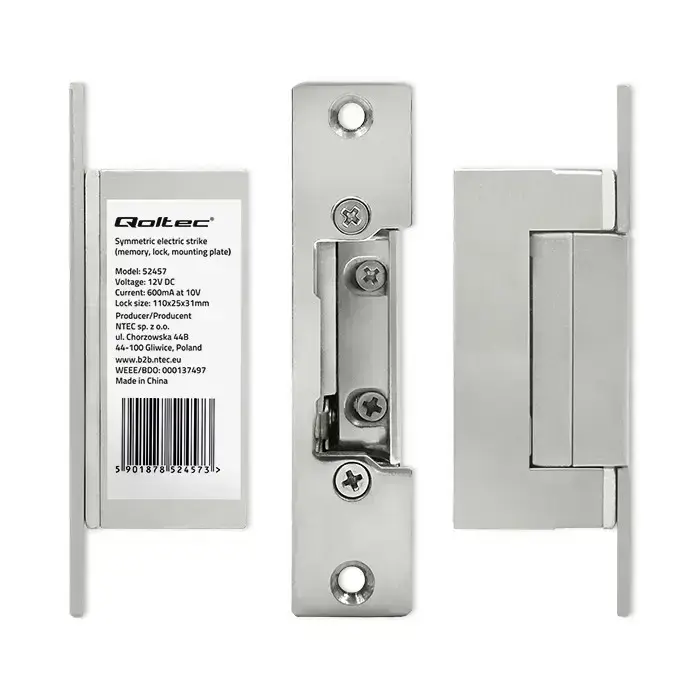 Qoltec Electric strike With lock and memory + mounting plate | 12V | Stainless steel Photo