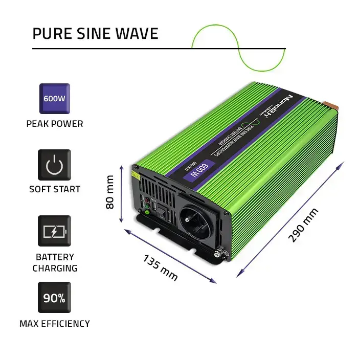 Qoltec Pure Sine Wave Inverter Monolith | battery charger | UPS | 300W | 600W |  12V to 230V Photo