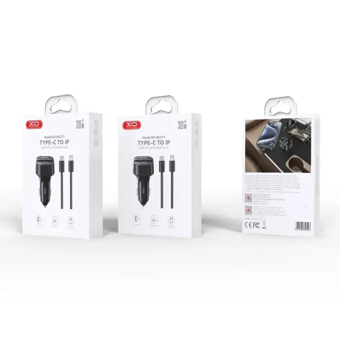 XO transmitter FM BCC17 Bluetooth MP3 car charger 30W black + cable USB-C - USB-C Фото num