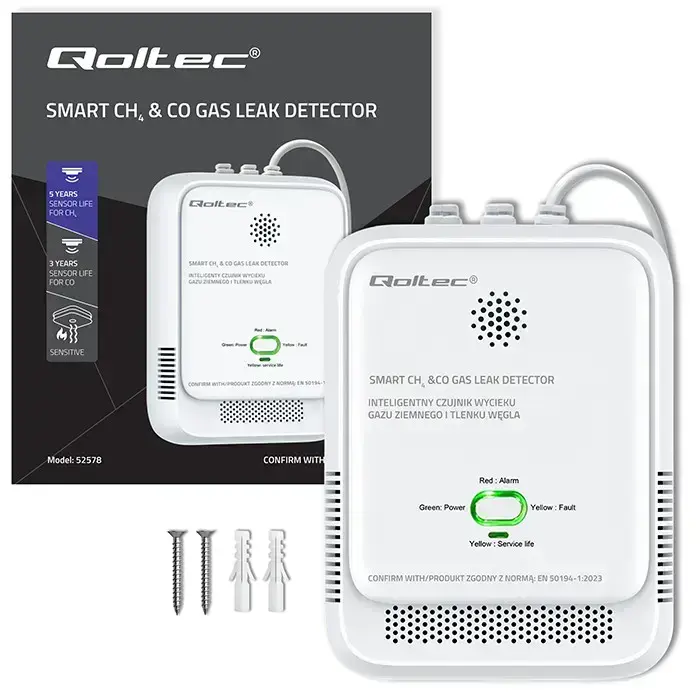Qoltec Certified wireless Gas Leak (CH4) and Carbon monoxide (CO) detector | alarm 85dB | LED Фото num
