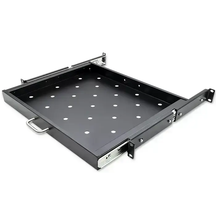 Qoltec Solid steel mount shelf with handle for RACK | 600*600 | Pull-out | Black Photo