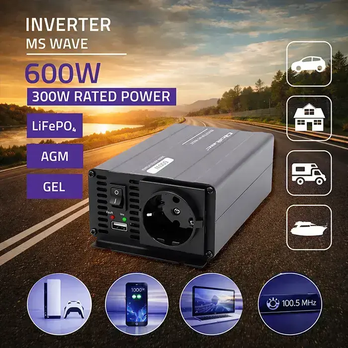 Qoltec MS Wave Voltage Converter | 12V to 230V | 300/600W | USB | Compatible with LiFePO4, GEL and AGM batteries Foto 2