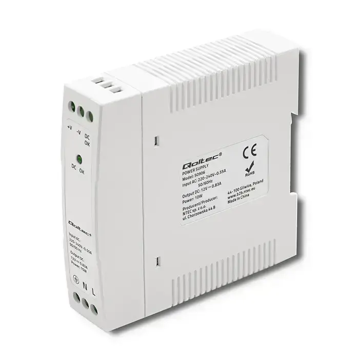 Qoltec DIN rail power supply | 10W | 12V | 0.83A | White | Slim Фото num