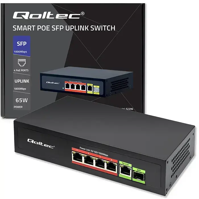 Qoltec FAST Ethernet PoE SWITCH 4x RJ45 PoE 1x RJ45 Uplink 1x SFP | 65W | 1000 Mb Foto 21