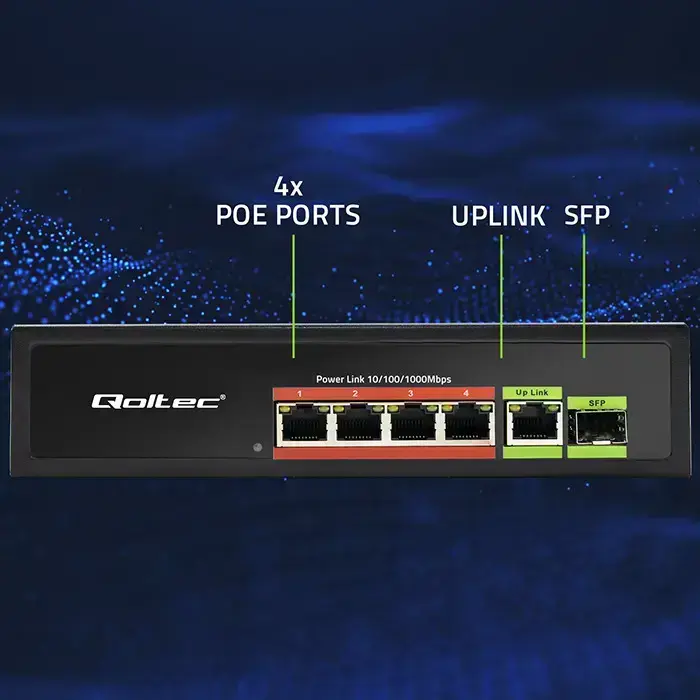Qoltec FAST Ethernet PoE SWITCH 4x RJ45 PoE 1x RJ45 Uplink 1x SFP | 65W | 1000 Mb Foto 13