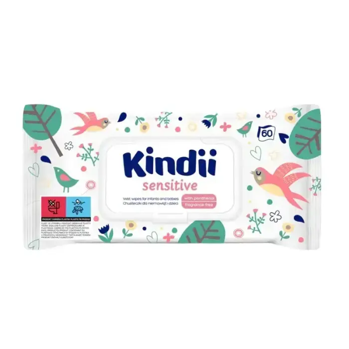 Влажные салфетки для младенцев Kindii Sensitive, 60 шт., с откидной крышкой. Фото num