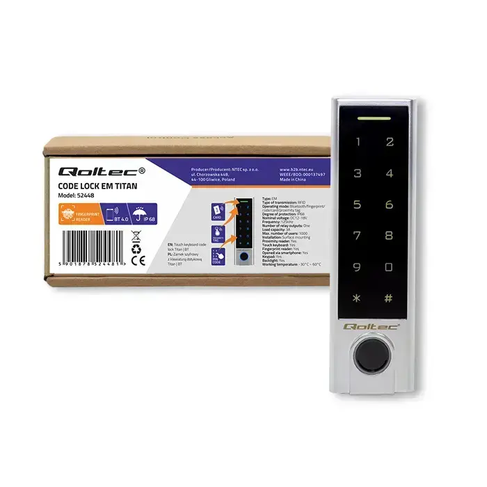 Qoltec Code lock TITAN with fingerprint reader | RFID | BT 4.0 |Code | Card | key fob | Doorbell| IP68 | EM Photo