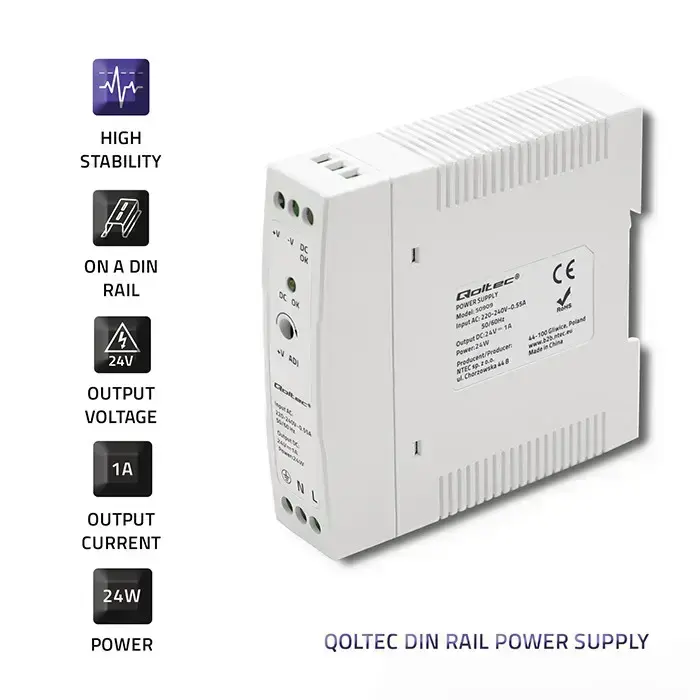 Qoltec DIN rail power supply | 24W | 24V | 1A | White | Slim Фото num