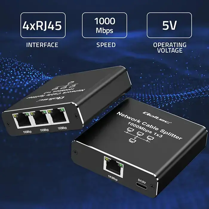 Qoltec Splitter Ethernet mini SWITCH 1x3 RJ45 | 1000Mb/s | USB-C | Aluminium Photo
