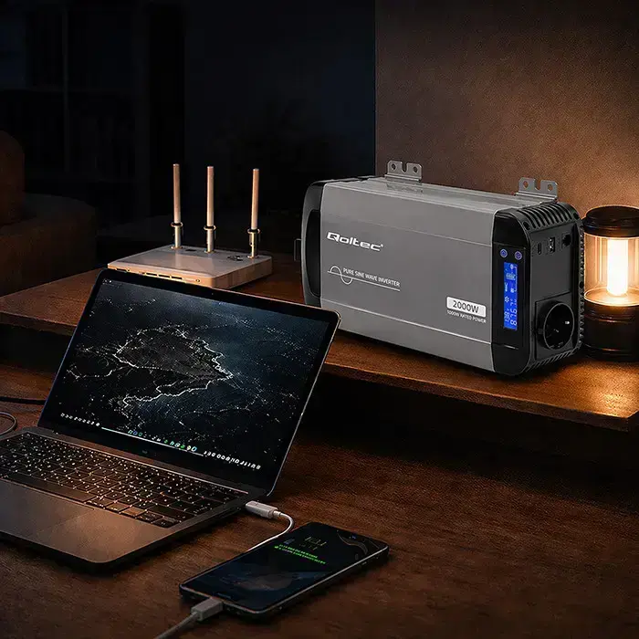Qoltec Pure Sine Wave Inverter | 12V to 230V | 1000/2000W | LCD | USB | USC-C | Compatible with LiFePO4 GEL AGM  Foto 5