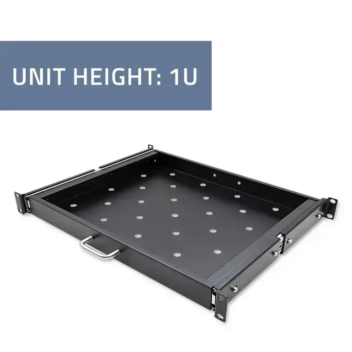 Qoltec Solid steel mount shelf with handle for RACK | 600*600 | Pull-out | Black Photo