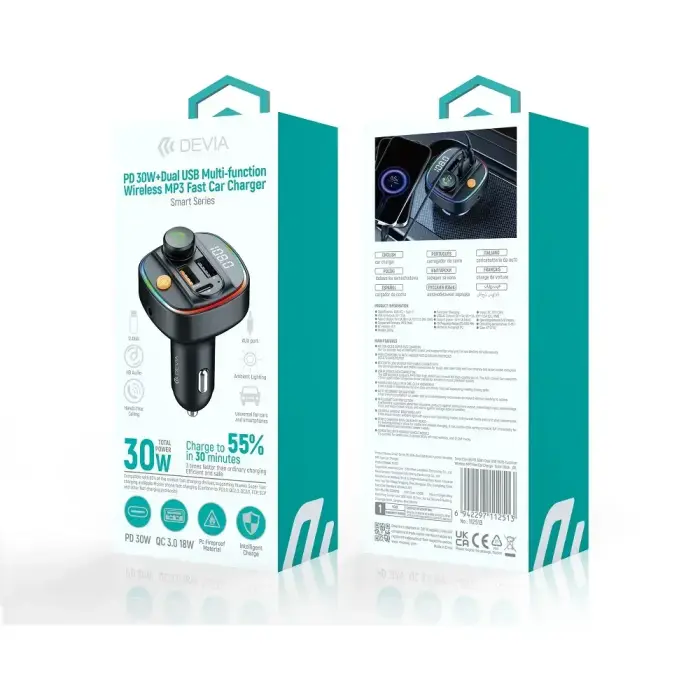 Devia transmitter FM Smart Bluetooth MP3 car charger PD 30W 1x USB-C 2x USB 3A black Фото num