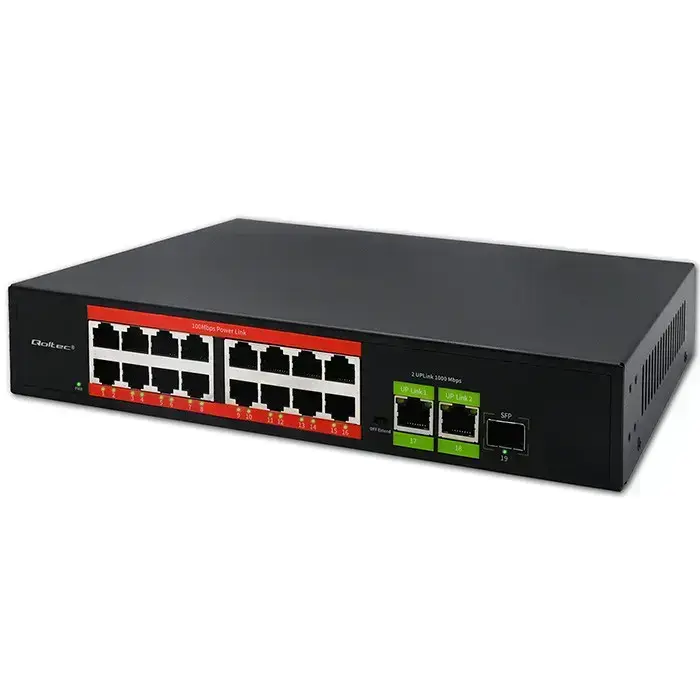 Qoltec Fast Ethernet PoE SWITCH | 16x RJ45 10/100 Mb/s |  2x RJ45 Uplink 1000 Mb/s | 1x SFP 1000 Mb/s Photo