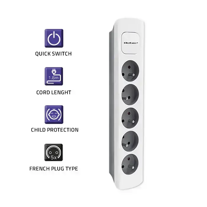 Qoltec Power strip | 5 sockets | 1.8m | White-grey Foto 4