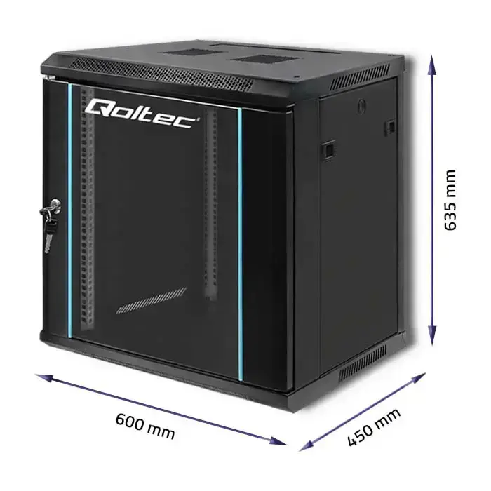 Qoltec RACK Cabinet 19" | 12U | 600 x 635 x 450 | Tempered doors | Hanging | Steel case | Lock | Black Фото num