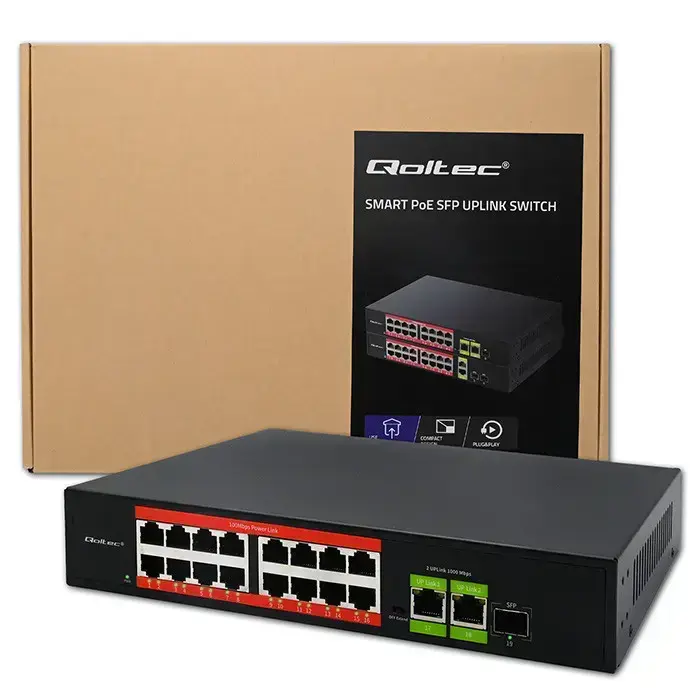 Qoltec Fast Ethernet PoE SWITCH | 16x RJ45 10/100 Mb/s |  2x RJ45 Uplink 1000 Mb/s | 1x SFP 1000 Mb/s Photo