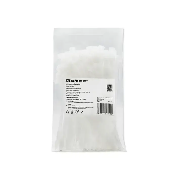 Qoltec Self-locking cable tie | 4.8*160 mm | 100 pcs. | Nylon66 | UV | White Photo